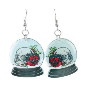 New Christmas Holiday Goth Skull Poison Apple Snow Globe Drop Earrings Gift